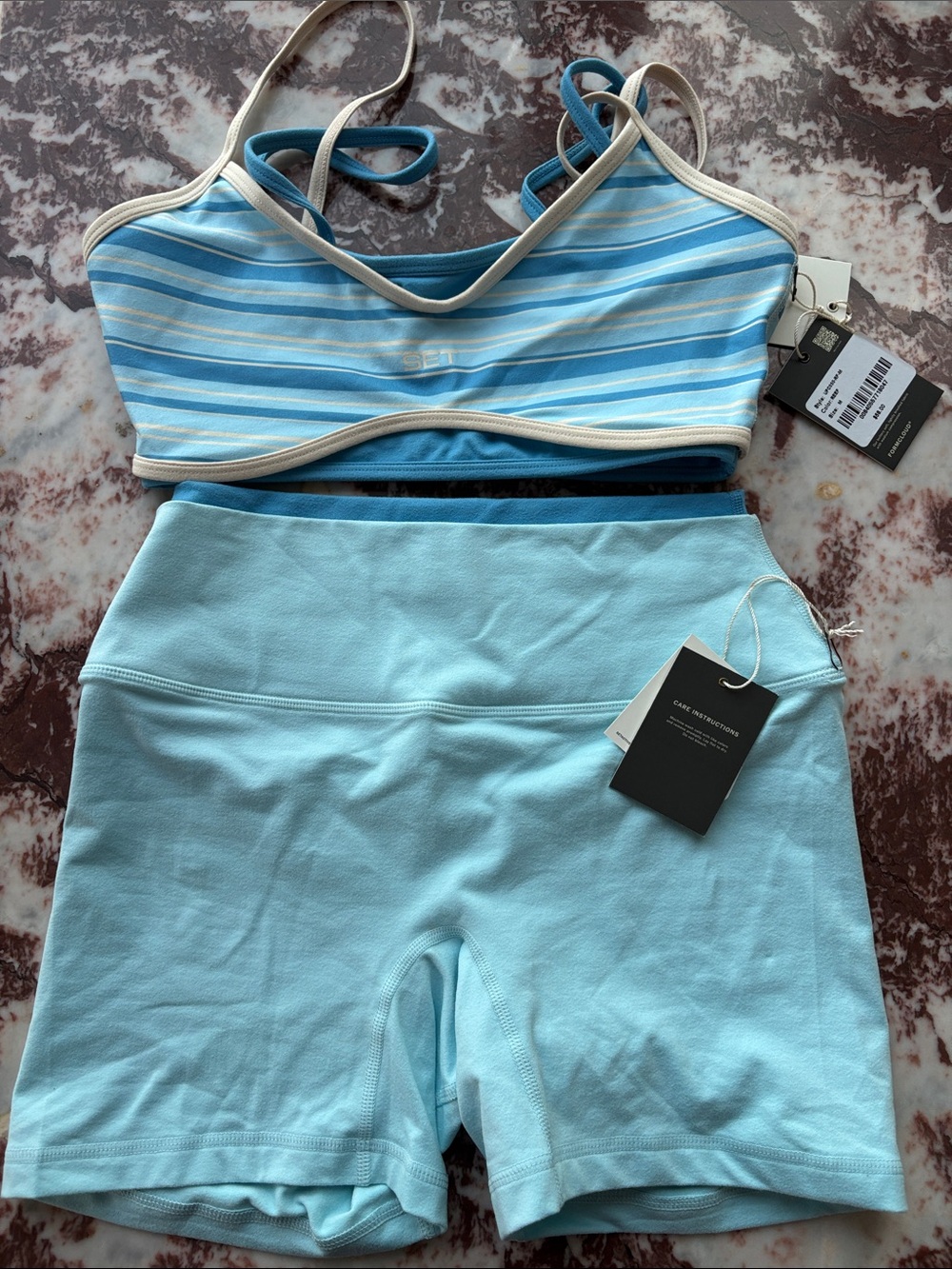 SET Active Light Blue Striped Sports Bra & Aqua Athletic Shorts Set